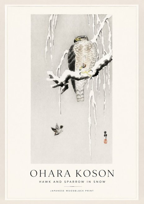 Ohara Koson Hawk and Sparrow in Snow No1 - Poszter