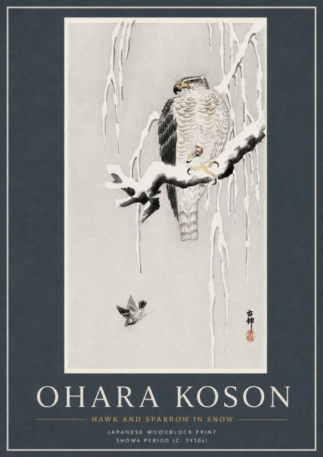 Ohara Koson Hawk and Sparrow in Snow No3 - Poszter