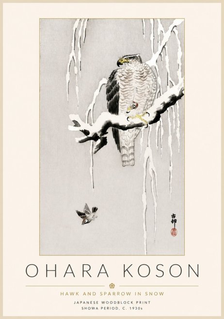Ohara Koson Hawk and Sparrow in Snow No4 - Poszter