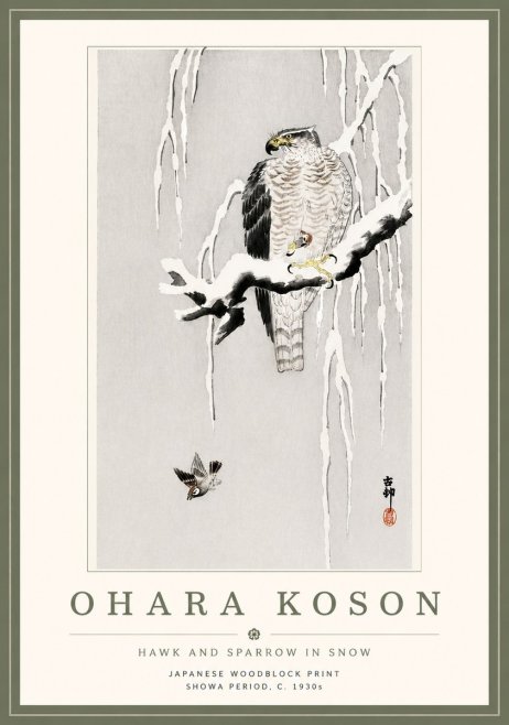 Ohara Koson Hawk and Sparrow in Snow No5 - Poszter