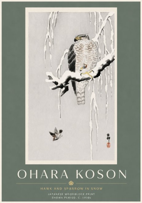 Ohara Koson Hawk and Sparrow in Snow No6 - Poszter