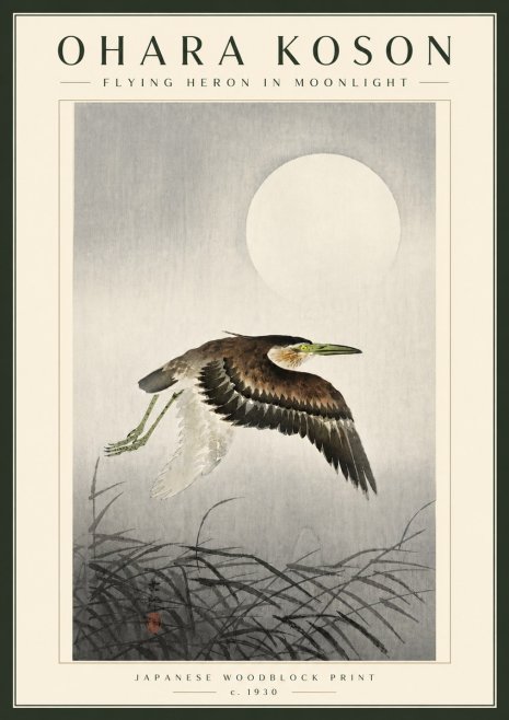 Ohara Koson Flying Heron in Moonlight No5 - Poszter