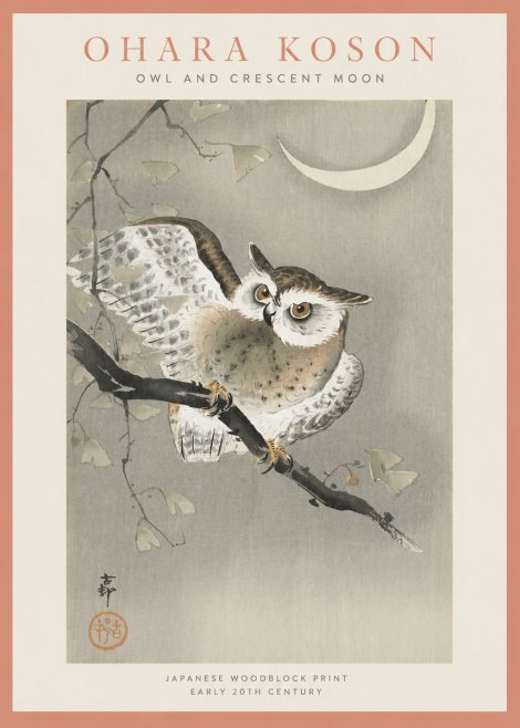 Ohara Koson Owl and Crescent Moon No4 - Poszter