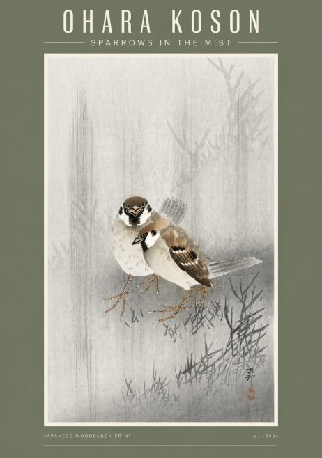 Ohara Koson Sparrows in the Mist No4 - Poszter