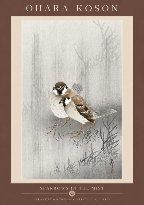 Ohara Koson Sparrows in the Mist No5 - Poszter