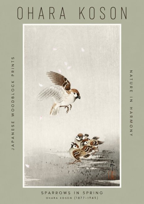 Ohara Koson Sparrows in Spring No2 - Poszter