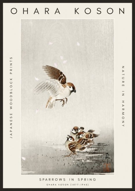 Ohara Koson Sparrows in Spring No3 - Poszter
