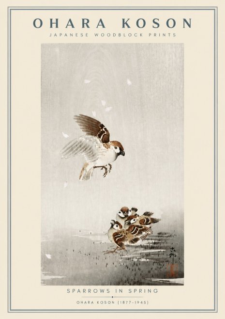 Ohara Koson Sparrows in Spring No6 - Poszter