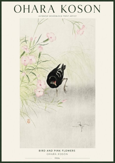 Ohara Koson Bird and Pink Flowers No1 - Poszter