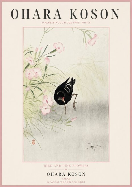 Ohara Koson Bird and Pink Flowers No2 - Poszter