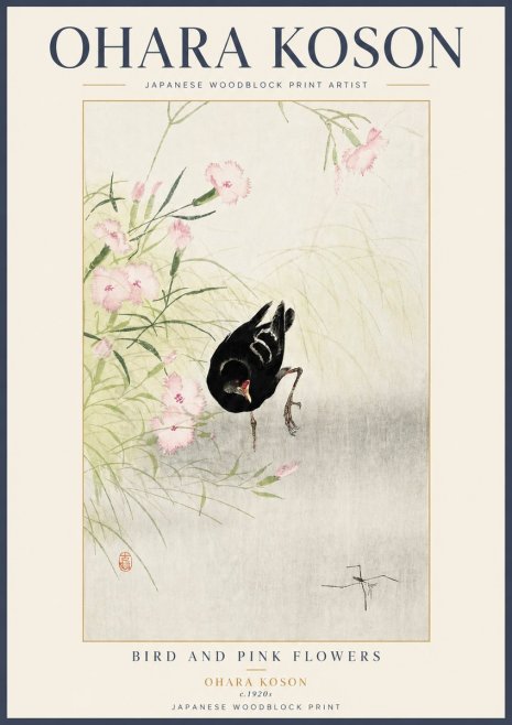 Ohara Koson Bird and Pink Flowers No3 - Poszter