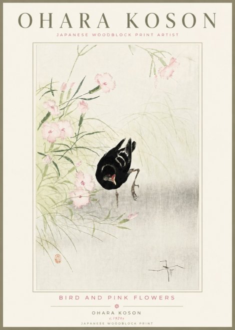Ohara Koson Bird and Pink Flowers No4 - Poszter