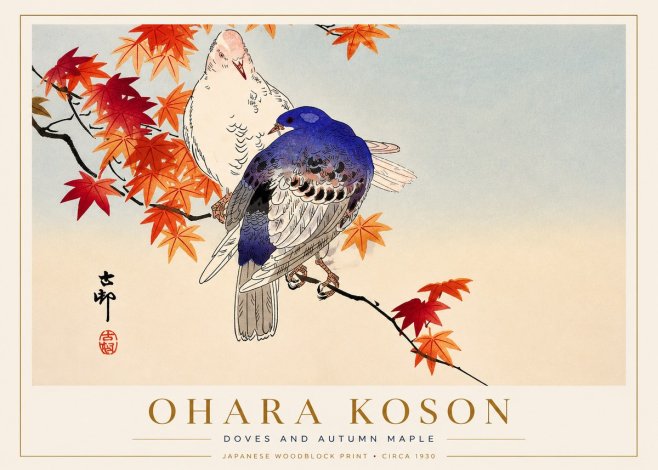 Ohara Koson Doves and Autumn Maple No3 - Poszter