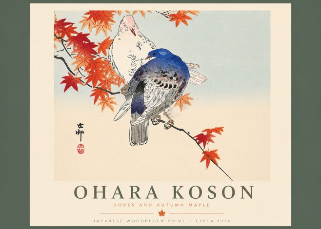 Ohara Koson Doves and Autumn Maple No4 - Poszter
