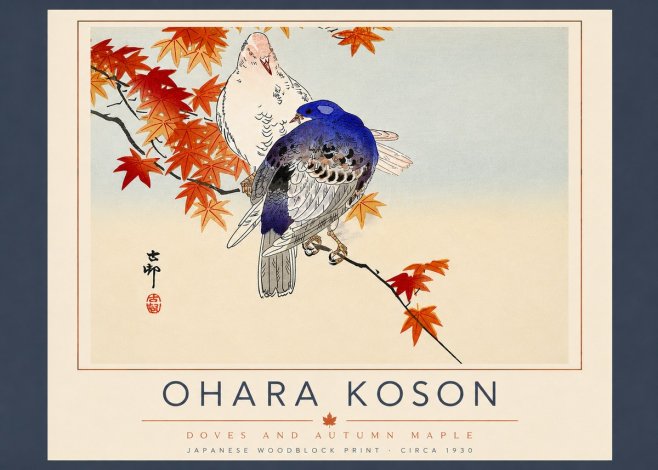 Ohara Koson Doves and Autumn Maple No5 - Poszter