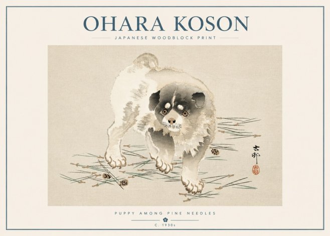 Ohara Koson Puppy Among Pine Needles No5 - Poszter