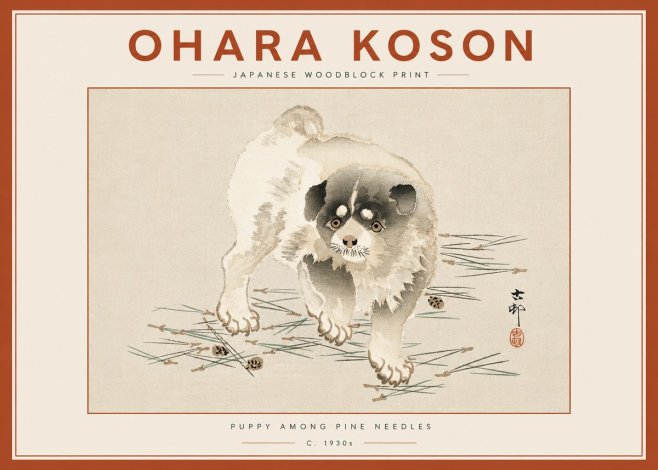 Ohara Koson Puppy Among Pine Needles No6 - Poszter