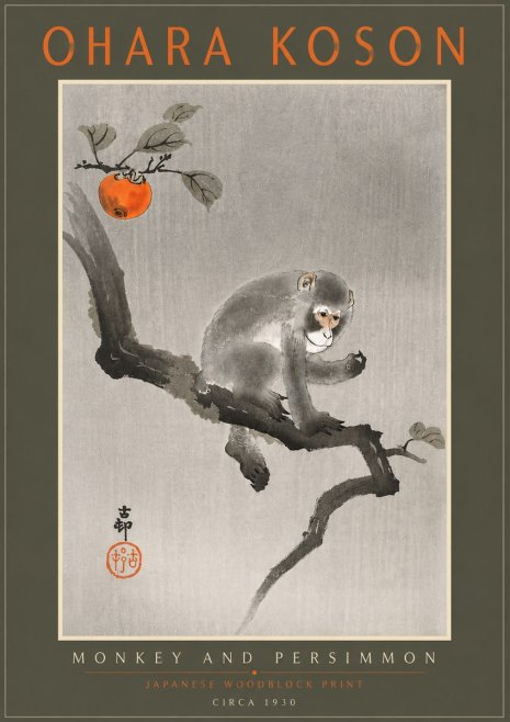 Ohara Koson Monkey and Persimmon No5 - Poszter