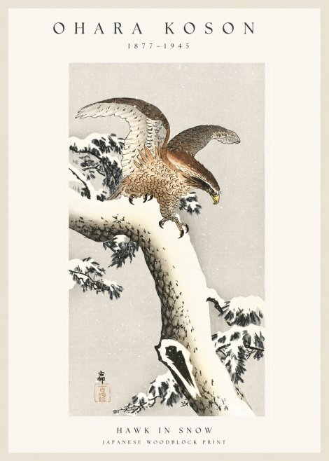 Ohara Koson Hawk in Snow No1 - Poszter