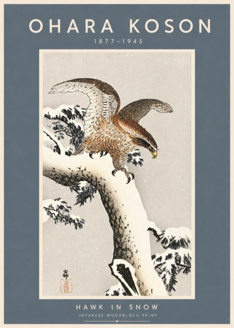 Ohara Koson Hawk in Snow No3 - Poszter
