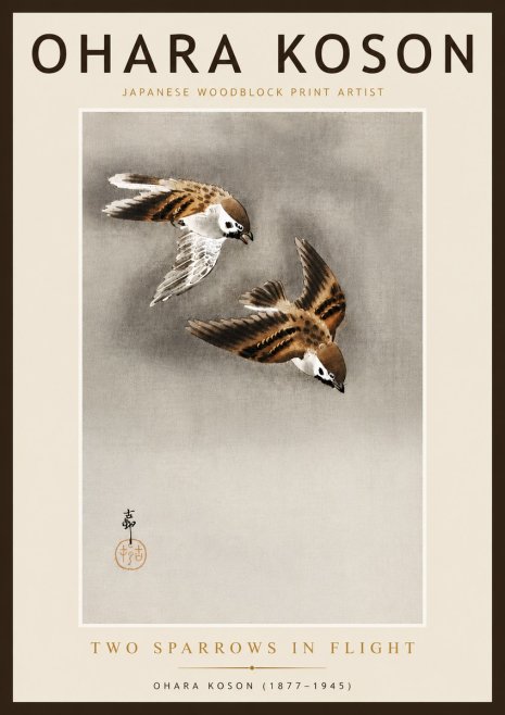 Ohara Koson Two Sparrows in Flight No6 - Poszter
