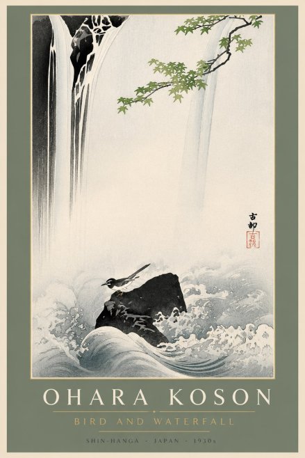 Ohara Koson Bird and Waterfall No2 - Poszter