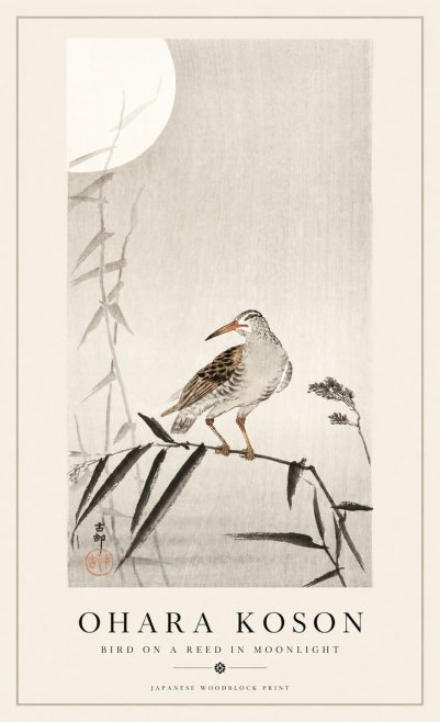Ohara Koson Bird on a Reed in Moonlight No1 - Poszter