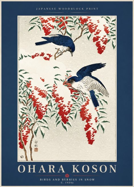 Ohara Koson Birds and Berries in Snow No2 - Poszter