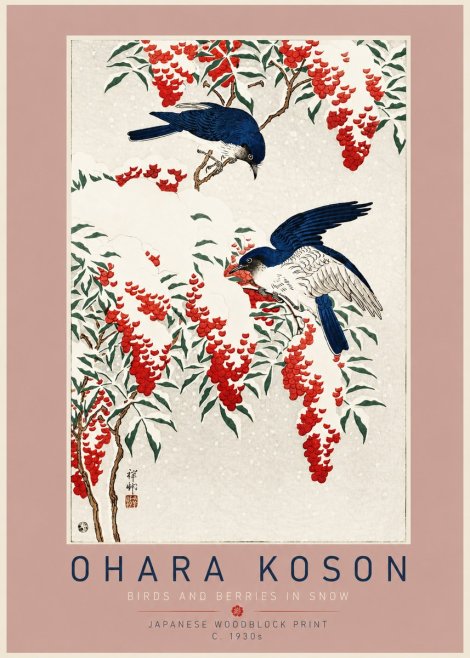 Ohara Koson Birds and Berries in Snow No4 - Poszter