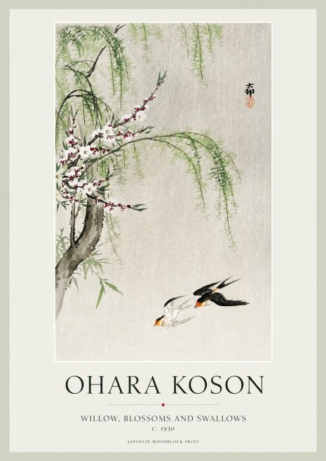 Ohara Koson Willow, Blossoms and Swallows No1 - Poszter