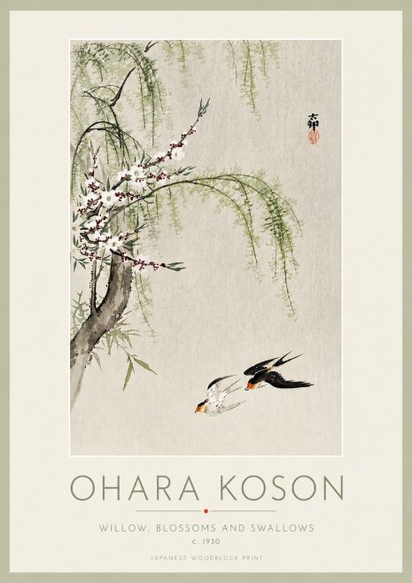 Ohara Koson Willow, Blossoms and Swallows No3 - Poszter