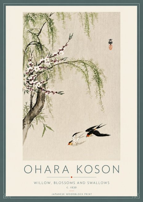 Ohara Koson Willow, Blossoms and Swallows No4 - Poszter