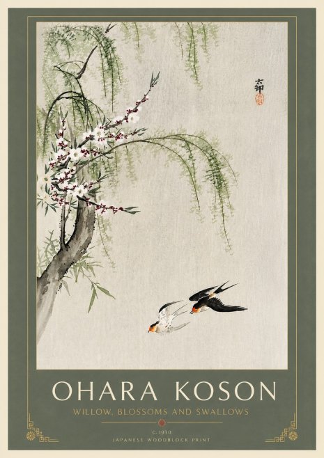 Ohara Koson Willow, Blossoms and Swallows No6 - Poszter