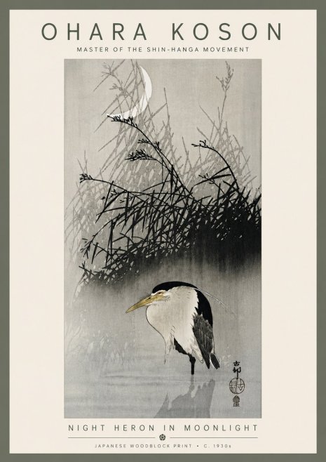 Ohara Koson Night Heron in Moonlight No6 - Poszter