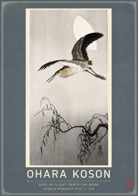 Ohara Koson Bird in Flight Under the Moon No4 - Poszter