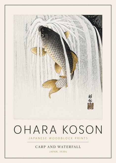 Ohara Koson Carp and Waterfall No3 - Poszter
