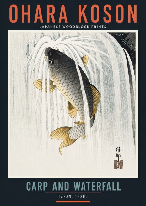 Ohara Koson Carp and Waterfall No4 - Poszter
