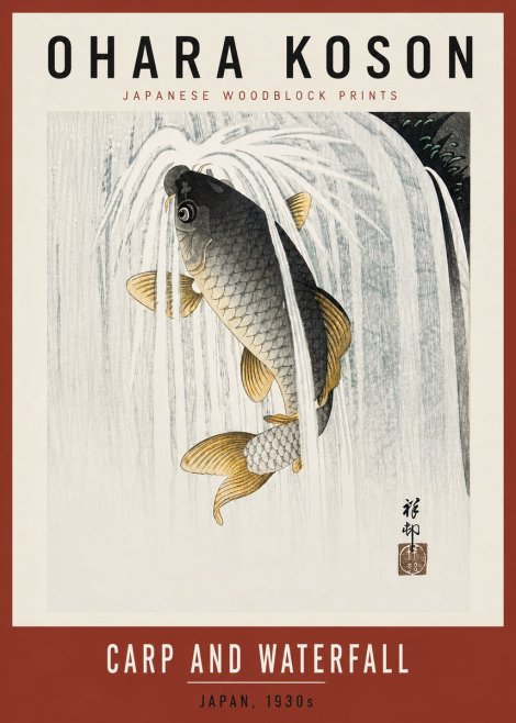 Ohara Koson Carp and Waterfall No6 - Poszter