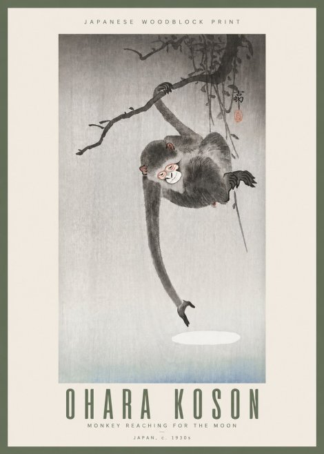 Ohara Koson Monkey Reaching for the Moon No3 - Poszter