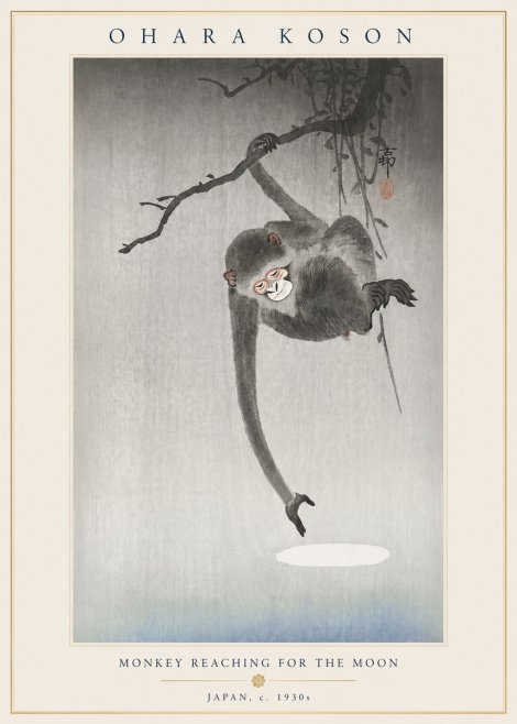 Ohara Koson Monkey Reaching for the Moon No4 - Poszter