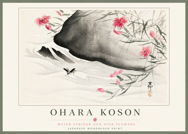 Ohara Koson Water Strider and Pink Flowers No5 - Poszter
