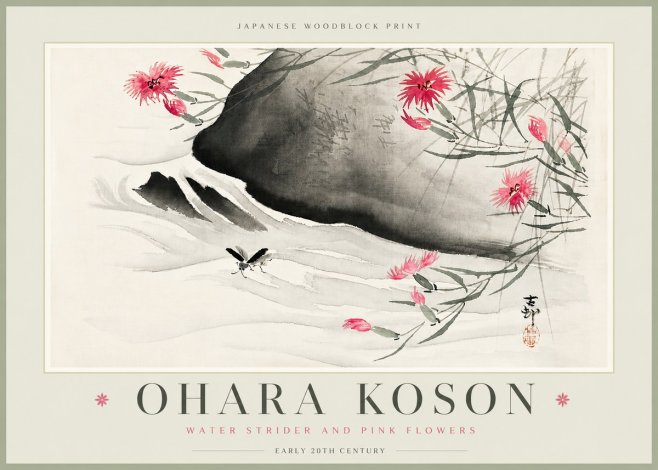 Ohara Koson Water Strider and Pink Flowers No6 - Poszter