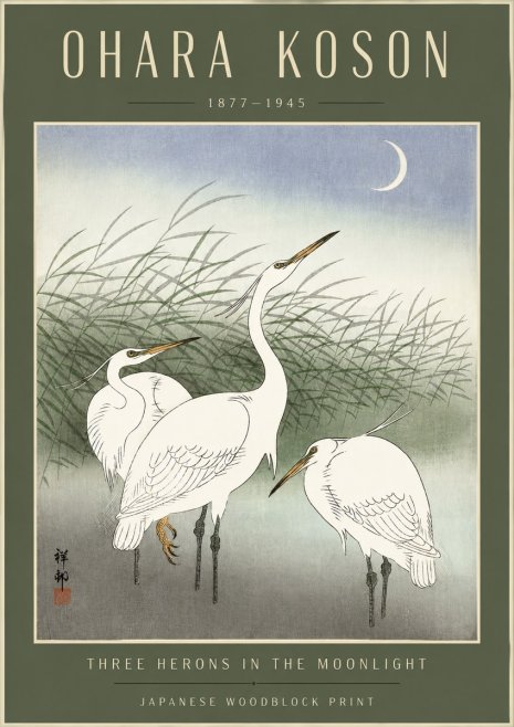 Ohara Koson Three Herons in the Moonlight No4 - Poszter