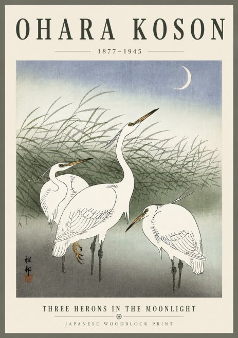 Ohara Koson Three Herons in the Moonlight No6 - Poszter