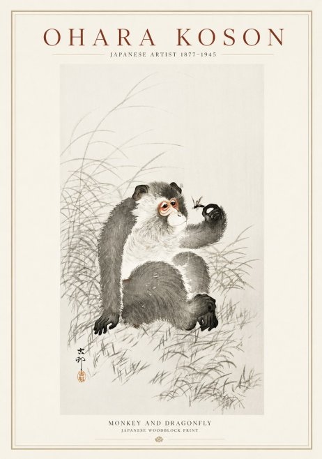 Ohara Koson Monkey and Dragonfly No1 - Poszter