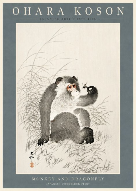 Ohara Koson Monkey and Dragonfly No2 - Poszter