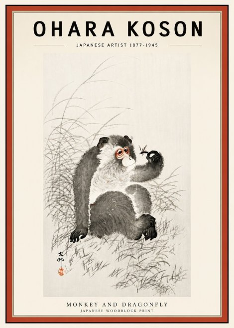 Ohara Koson Monkey and Dragonfly No3 - Poszter