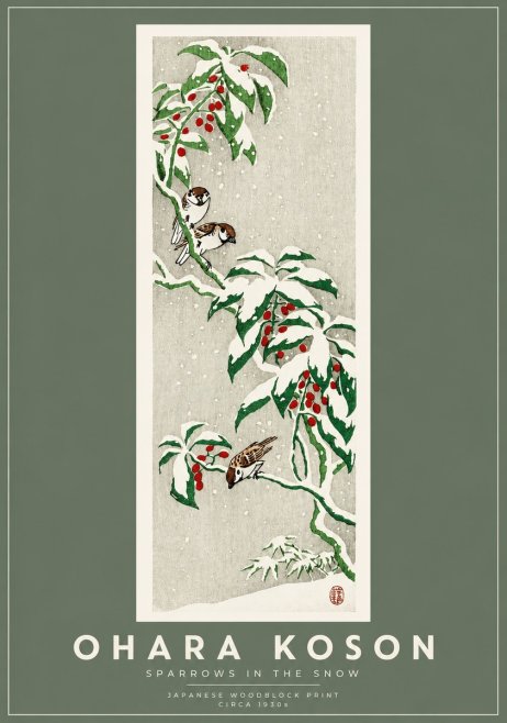 Ohara Koson Sparrows in the Snow No2 - Poszter