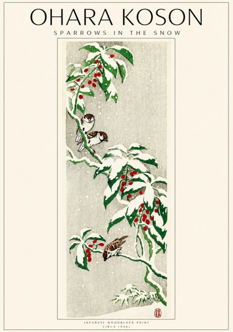 Ohara Koson Sparrows in the Snow No3 - Poszter