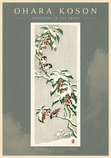 Ohara Koson Sparrows in the Snow No4 - Poszter